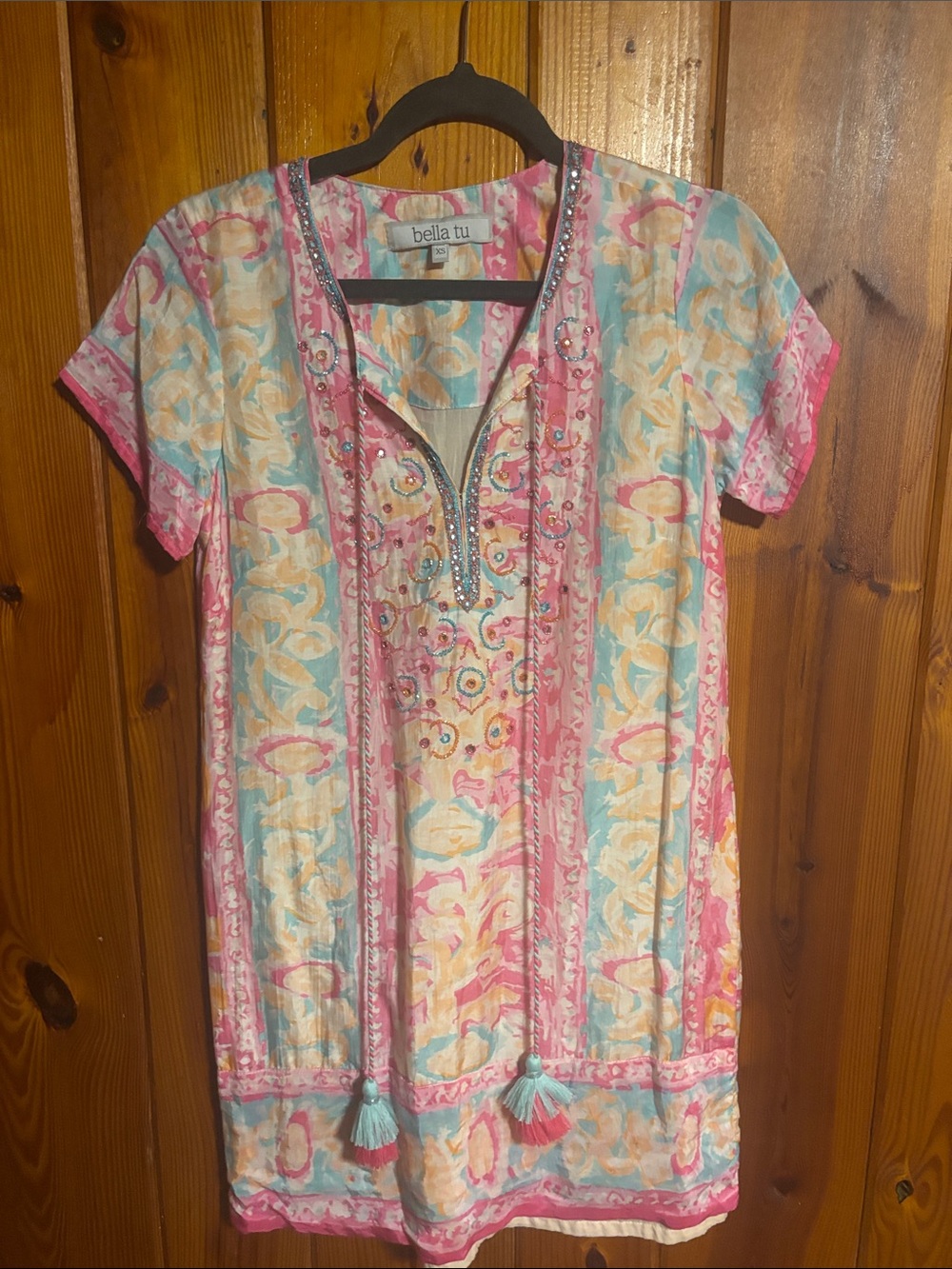 Bella Tu Pink & Aqua Embellished Short Sleeve Swim Coverup size xs